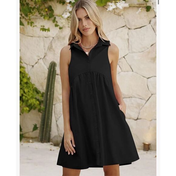 NEW Black Collared Shirt Dress Button Down Mini Dress Pockets M - Picture 2 of 7
